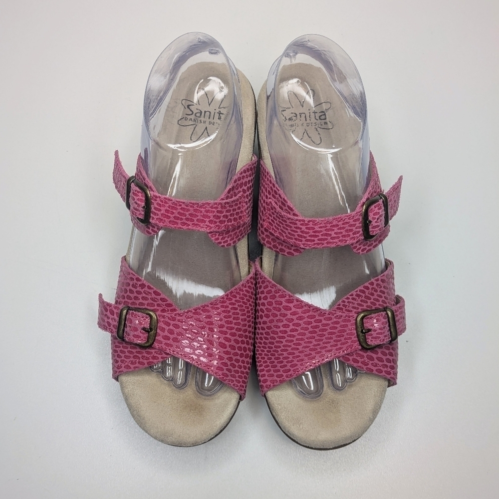 Sanita Pink Leather Double Strap Buckle Slide On Sandals Clogs US 9 / EU 40